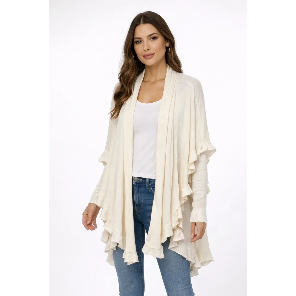 Colleen Lopez Womens Cream Ruffle Open Front Cardigan Ribbed Knit Sweater Ivory